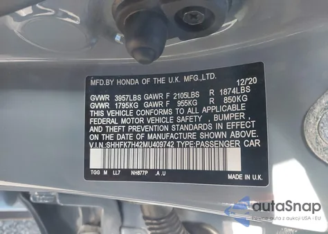 2021 Honda Civic Sport z USA, uszkodzony, nr VIN SHHFK7H42MU409742